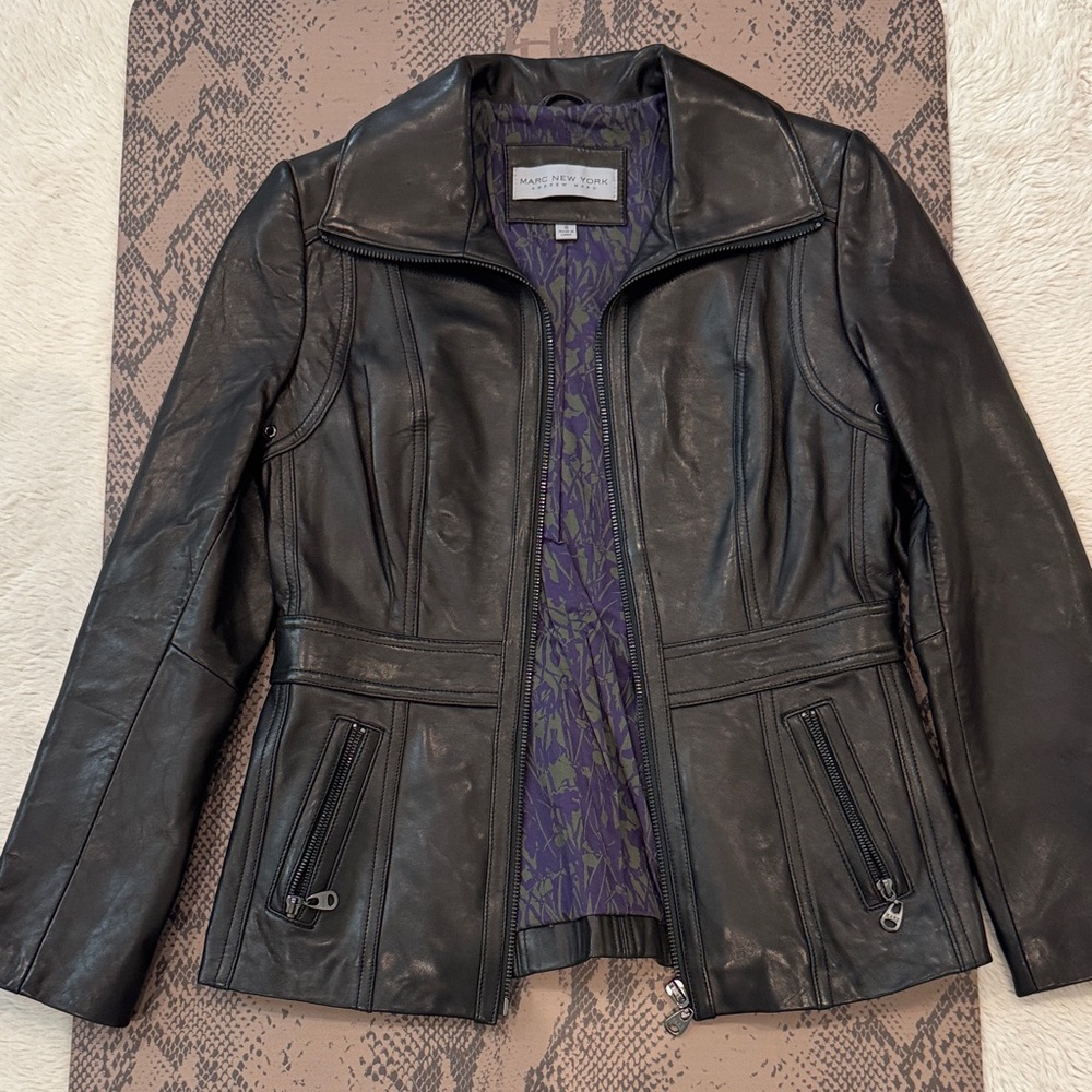 Marc New York Black Leather Jacket with Purple Lining